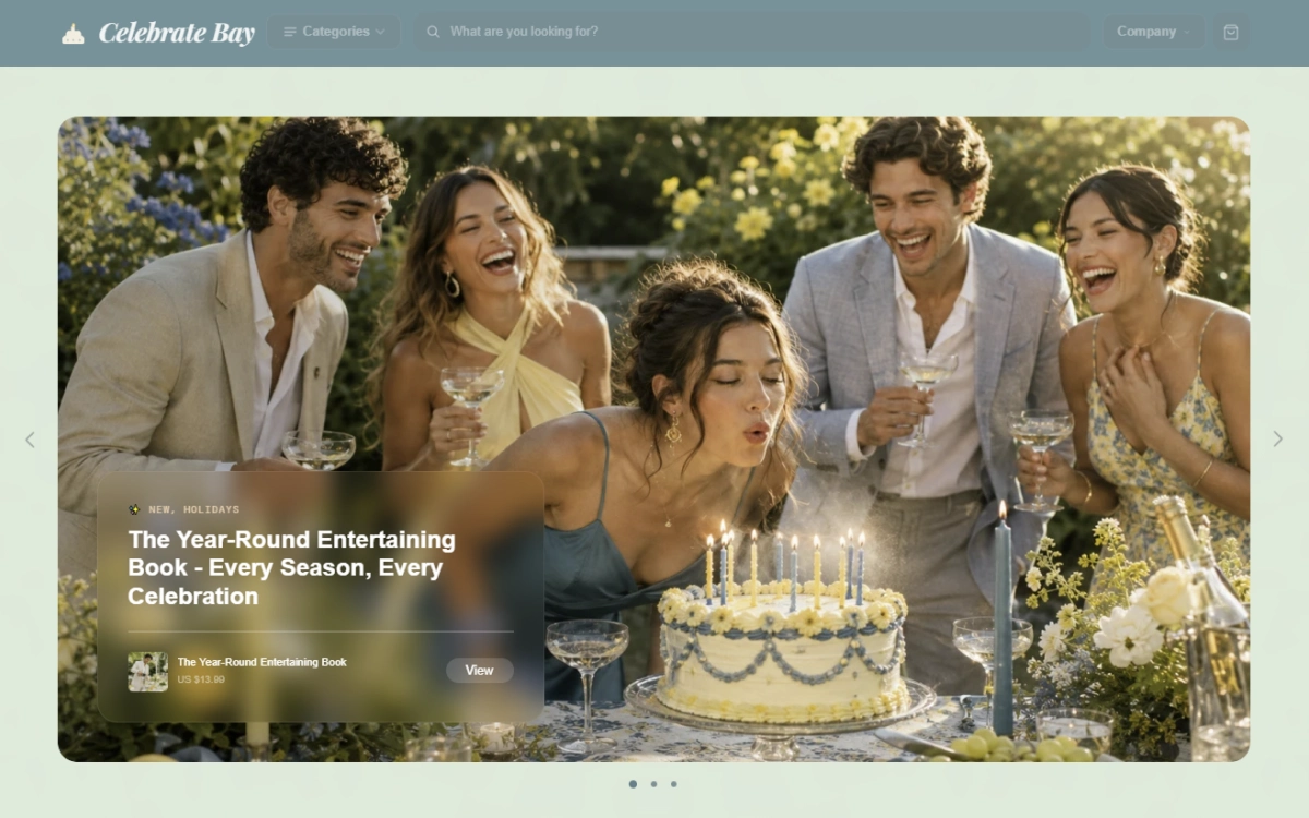Homepage of the Celebrate Bay events & celebrations store design