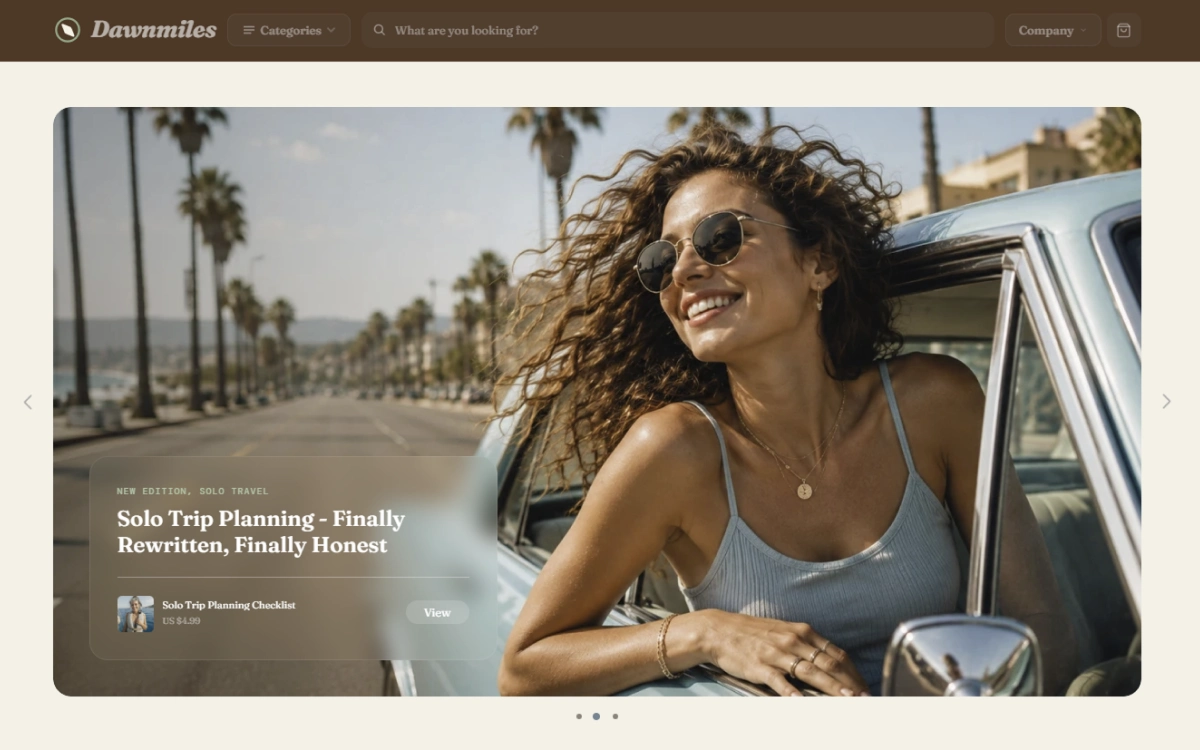 Homepage of the Dawn Miles travel store design