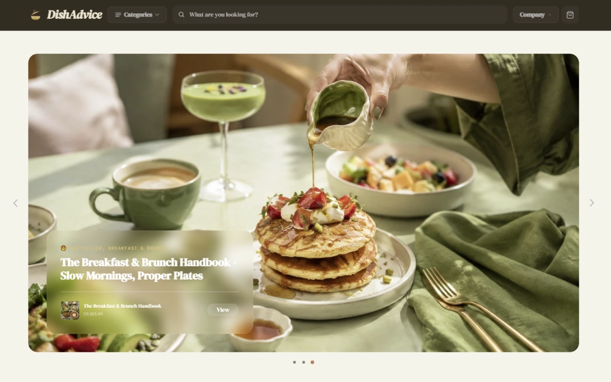Homepage of the Dish Advice food & cooking store design