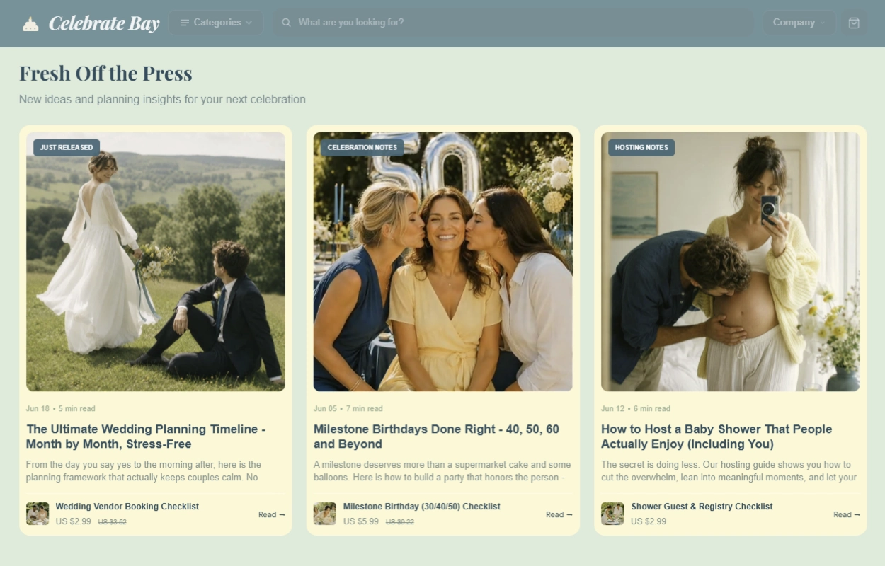 Blog articles section of the Celebrate Bay events & celebrations store design