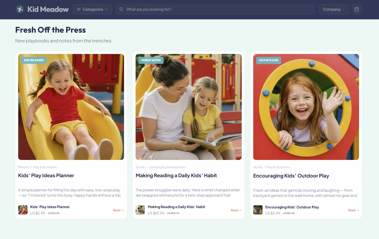 Blog articles section of the KidMeadow kids & parents store