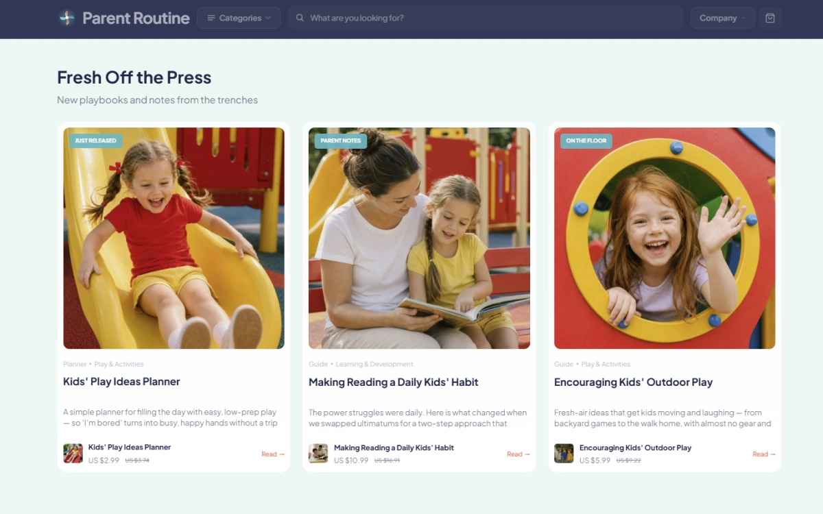 Blog articles section of the KidMeadow kids & parents store