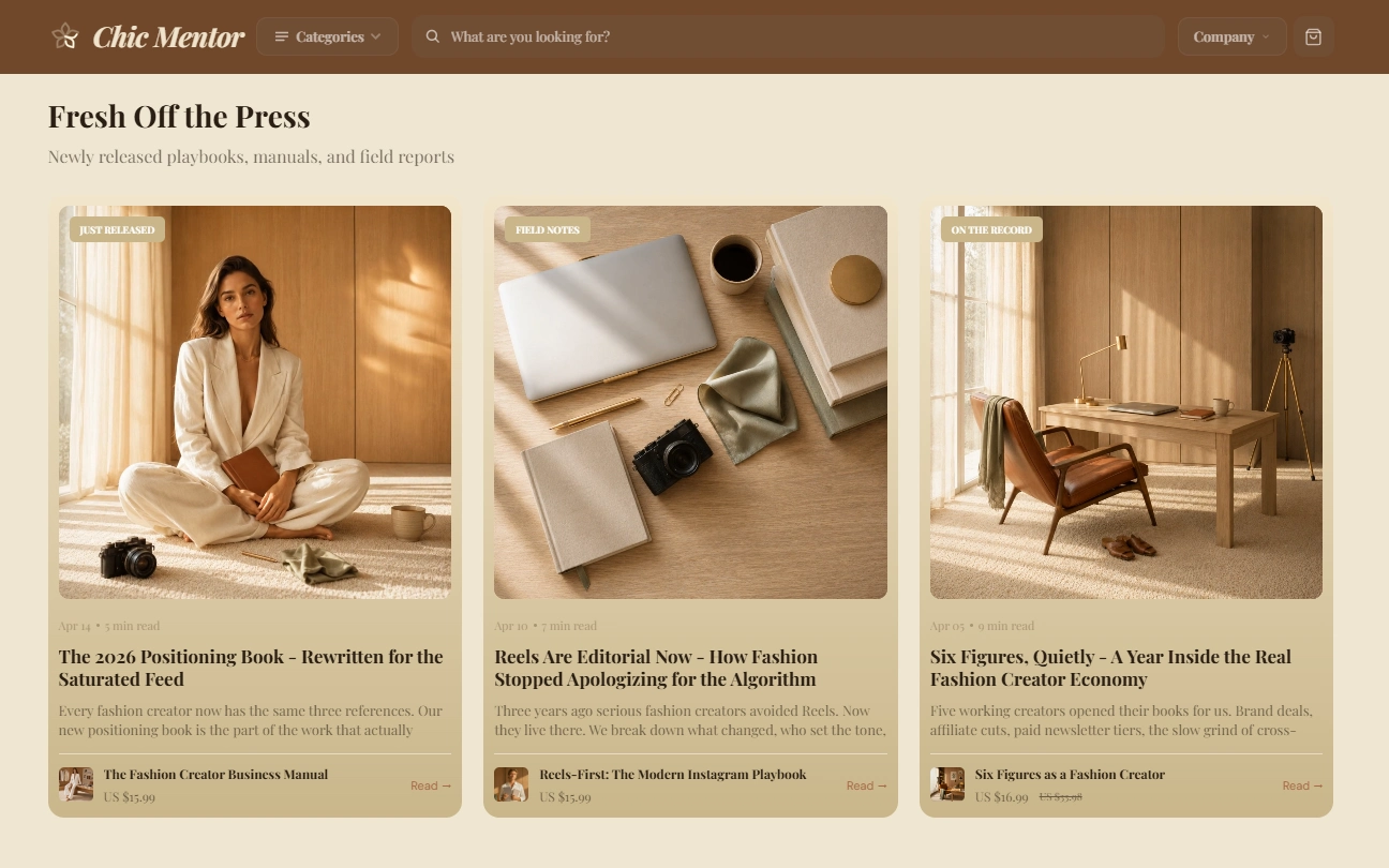 Blog articles section of the ChicMentor fashion store design
