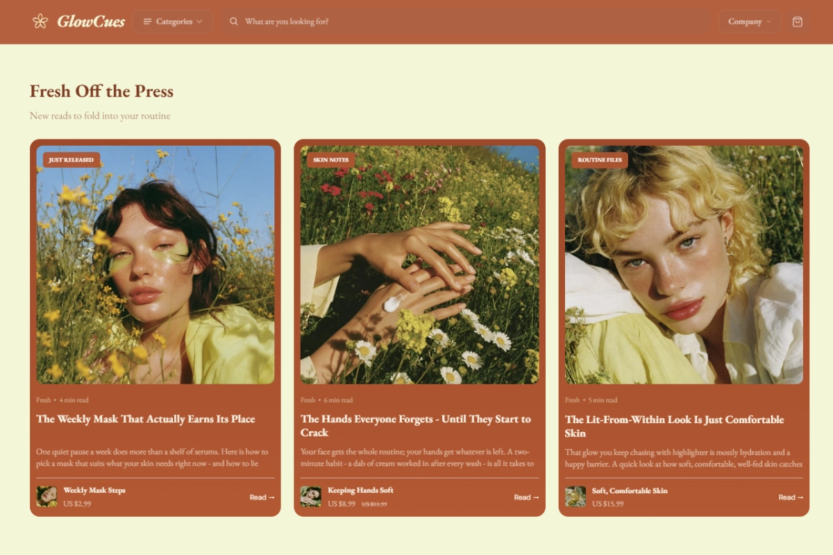 Blog articles section of the GlowCues beauty store