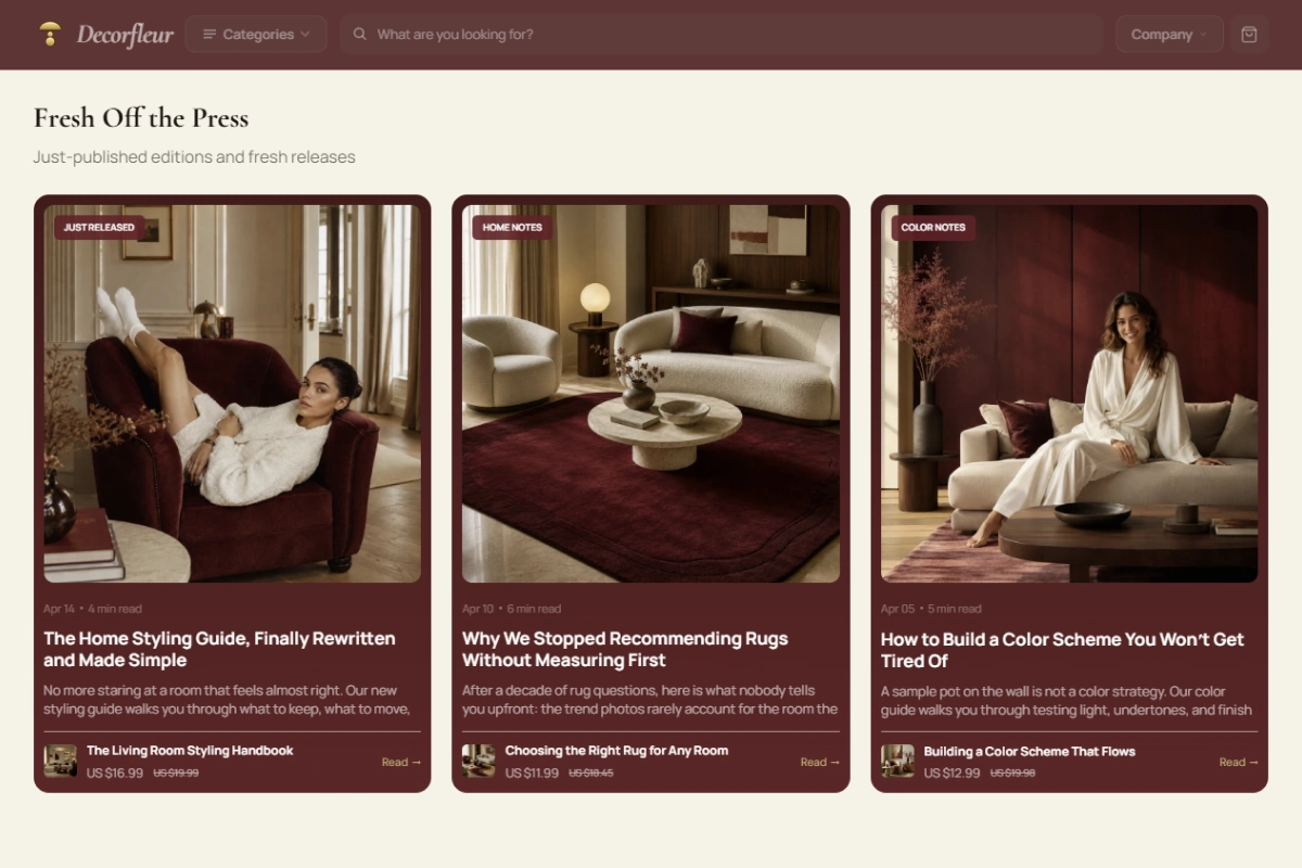 Blog articles section of the Decor Fleur home decor store design