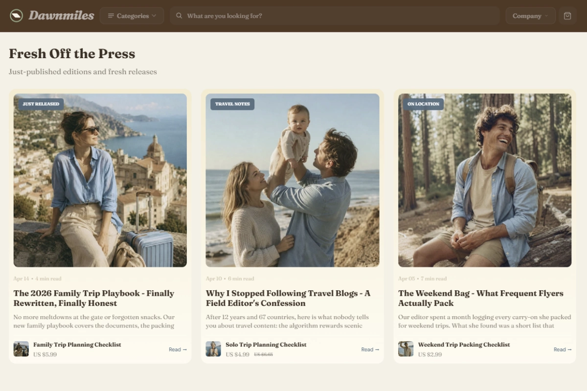 Blog articles section of the Dawn Miles travel store design