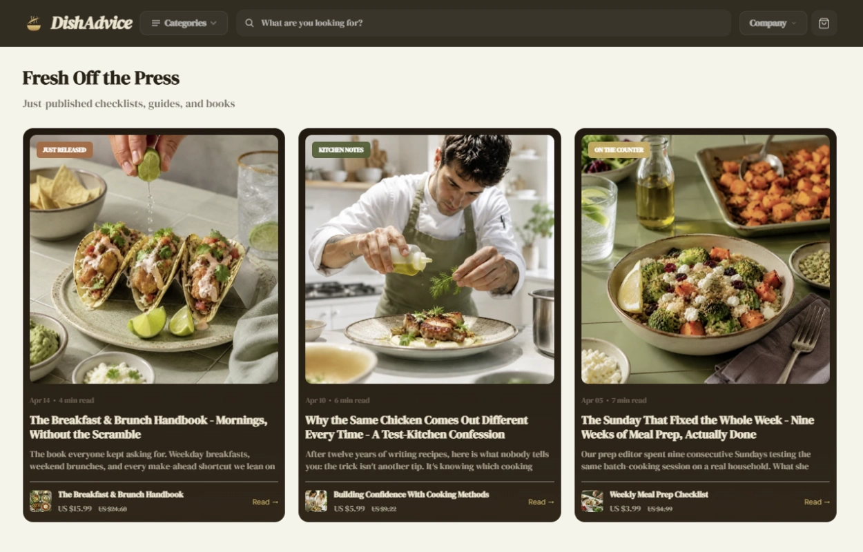 Blog articles section of the Dish Advice food & cooking store design