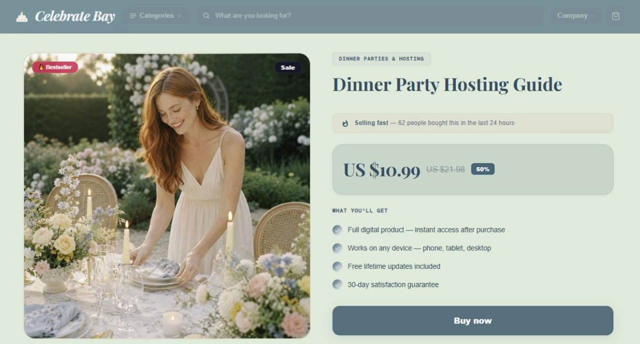 Product page of the Celebrate Bay events & celebrations store design