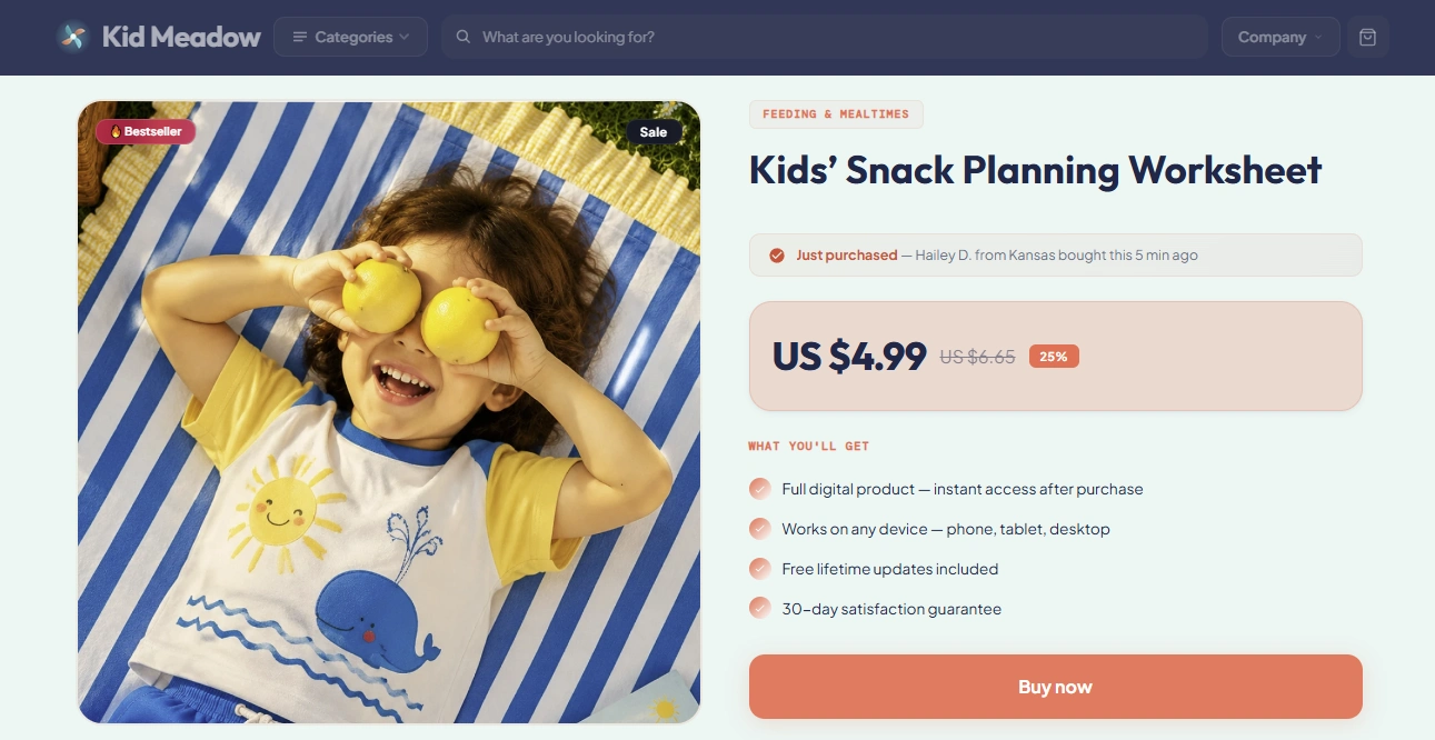 Product page of the KidMeadow kids & parents store