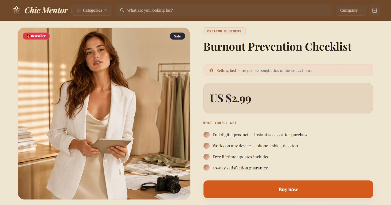 Product page of the ChicMentor fashion store design