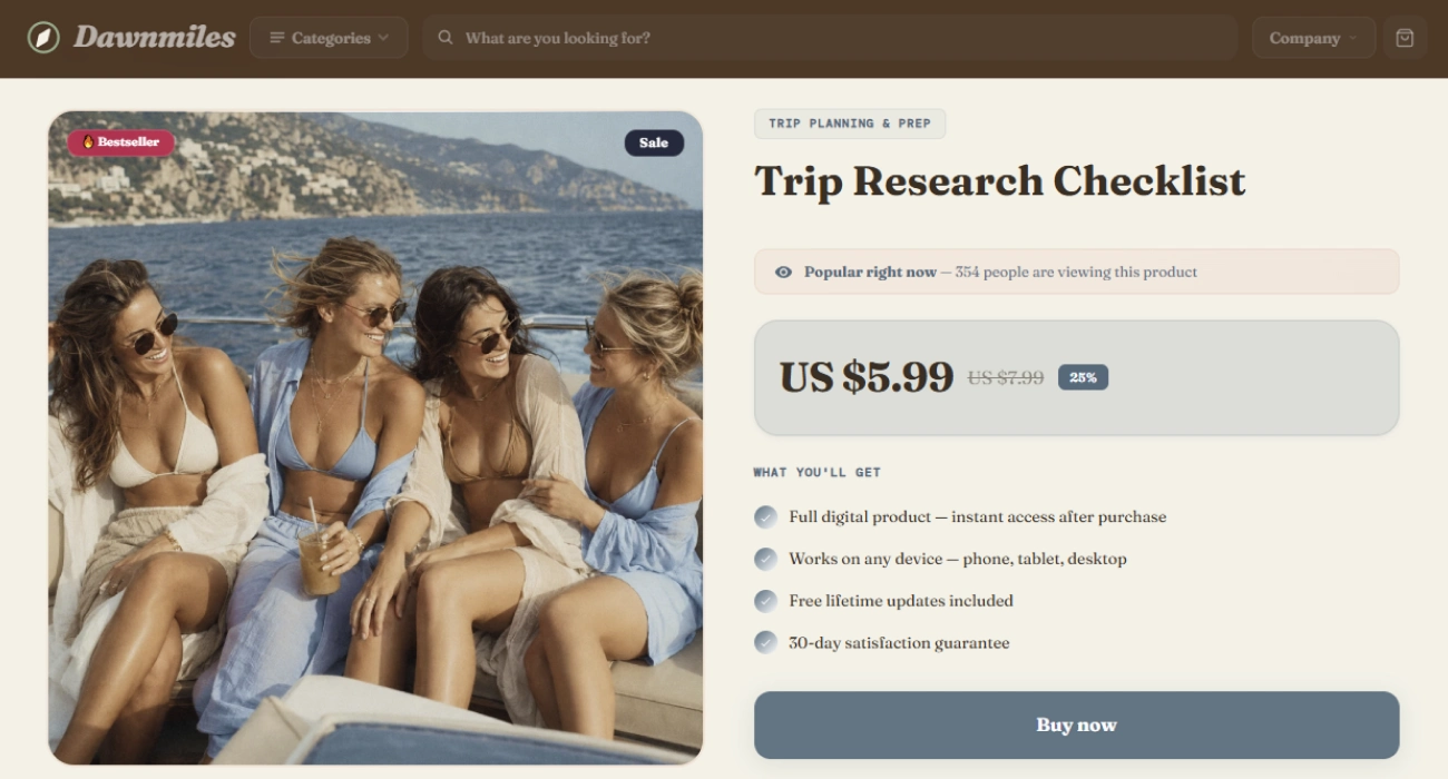 Product page of the Dawn Miles travel store design