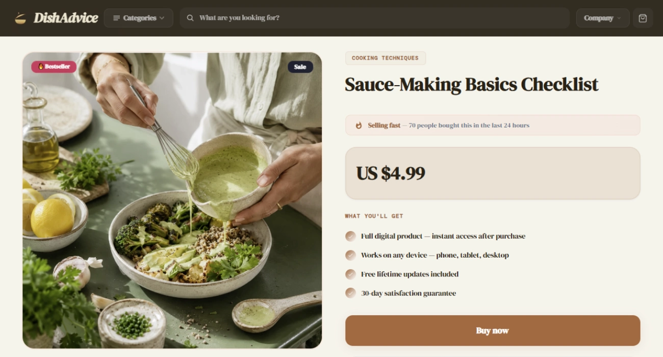 Product page of the Dish Advice food & cooking store design
