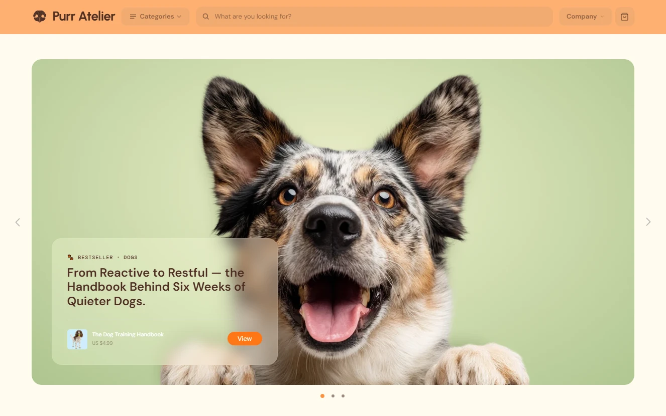 Homepage of the Purr Atelier pet care store — Instagram bio-link target