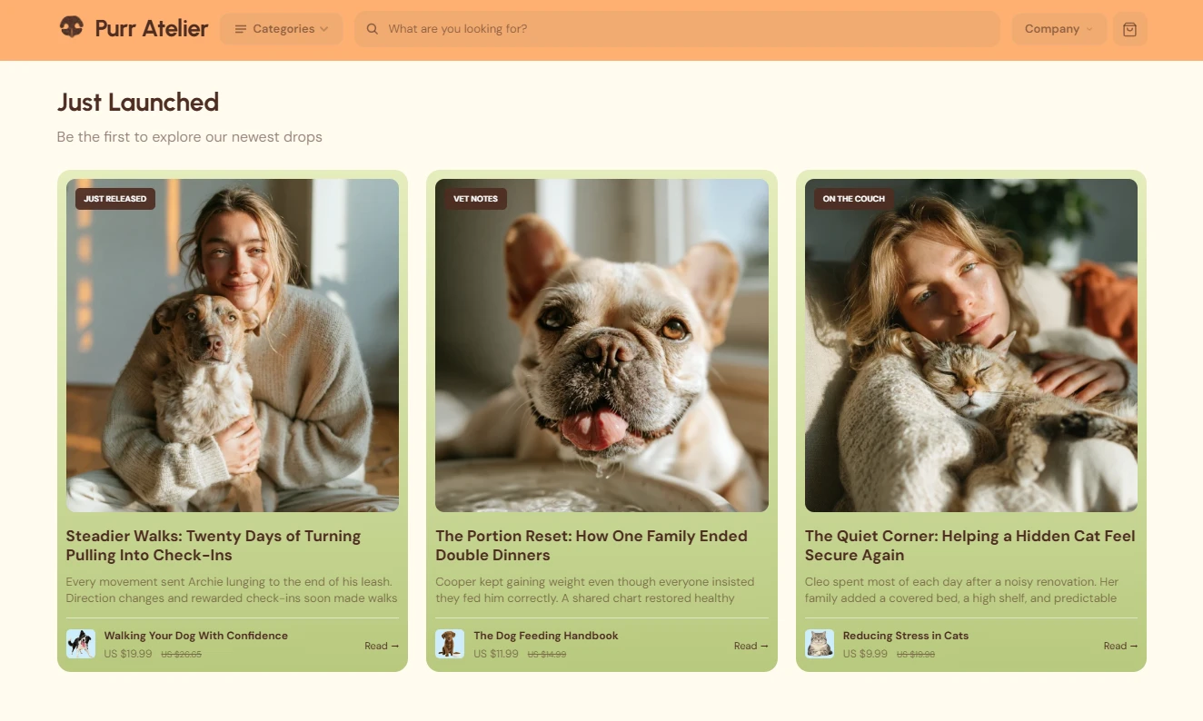 Blog articles section of the Purr Atelier pet care store
