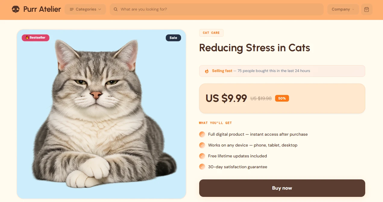 Product page of the Purr Atelier pet care store
