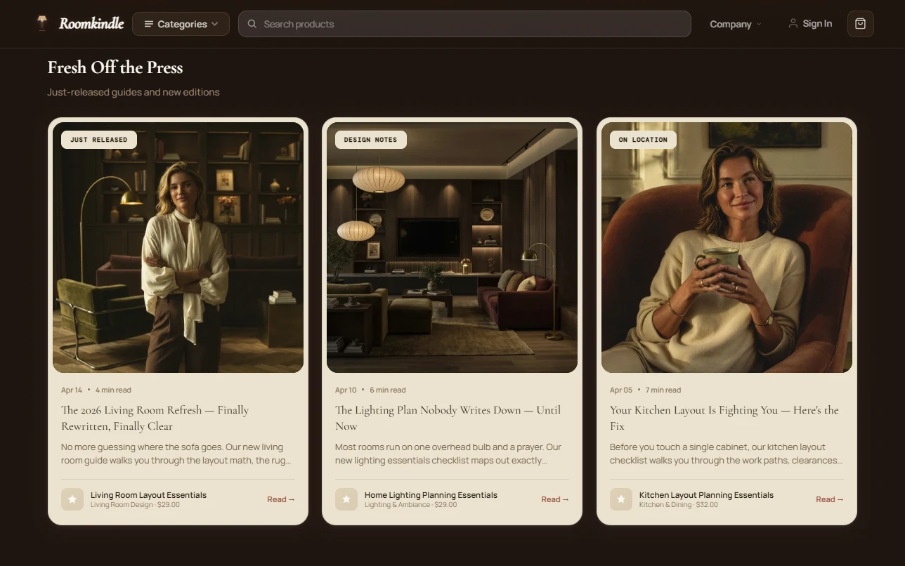 Fresh Off the Press — editorial content cards