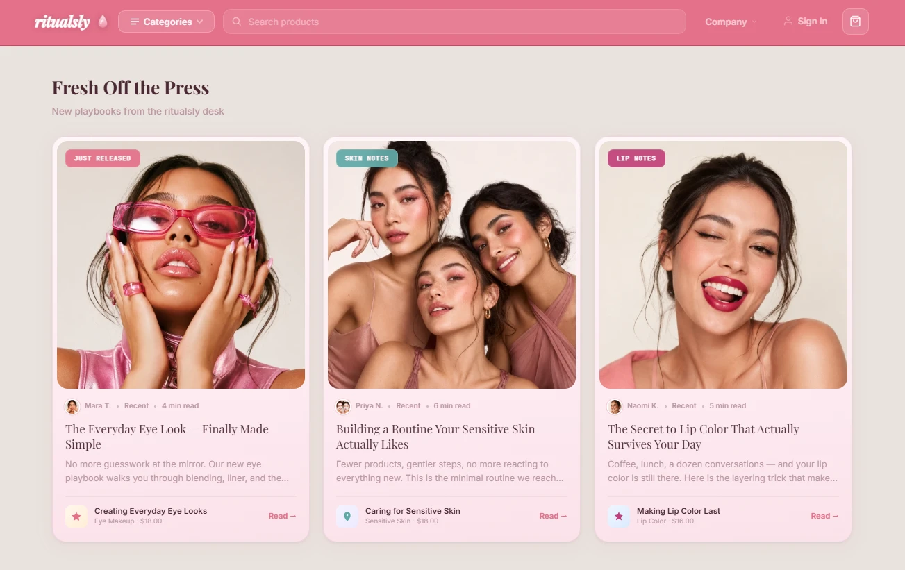 Fresh Off the Press — editorial beauty content cards