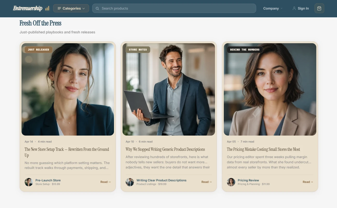 Fresh Off the Press — editorial e-commerce content cards