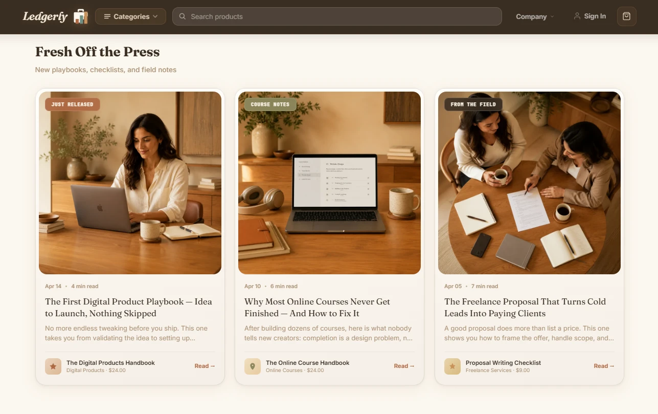 Editorial content shelf — creator business essays