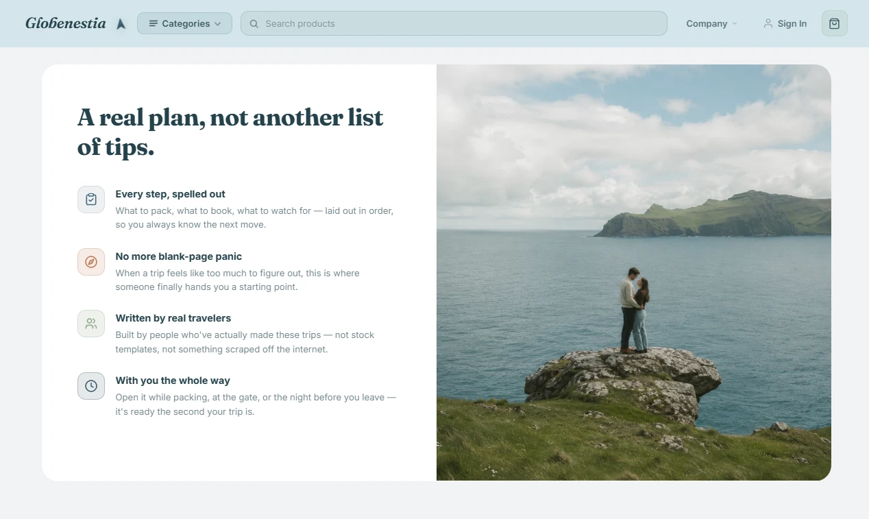Credibility block — trust pillars for travel storefront
