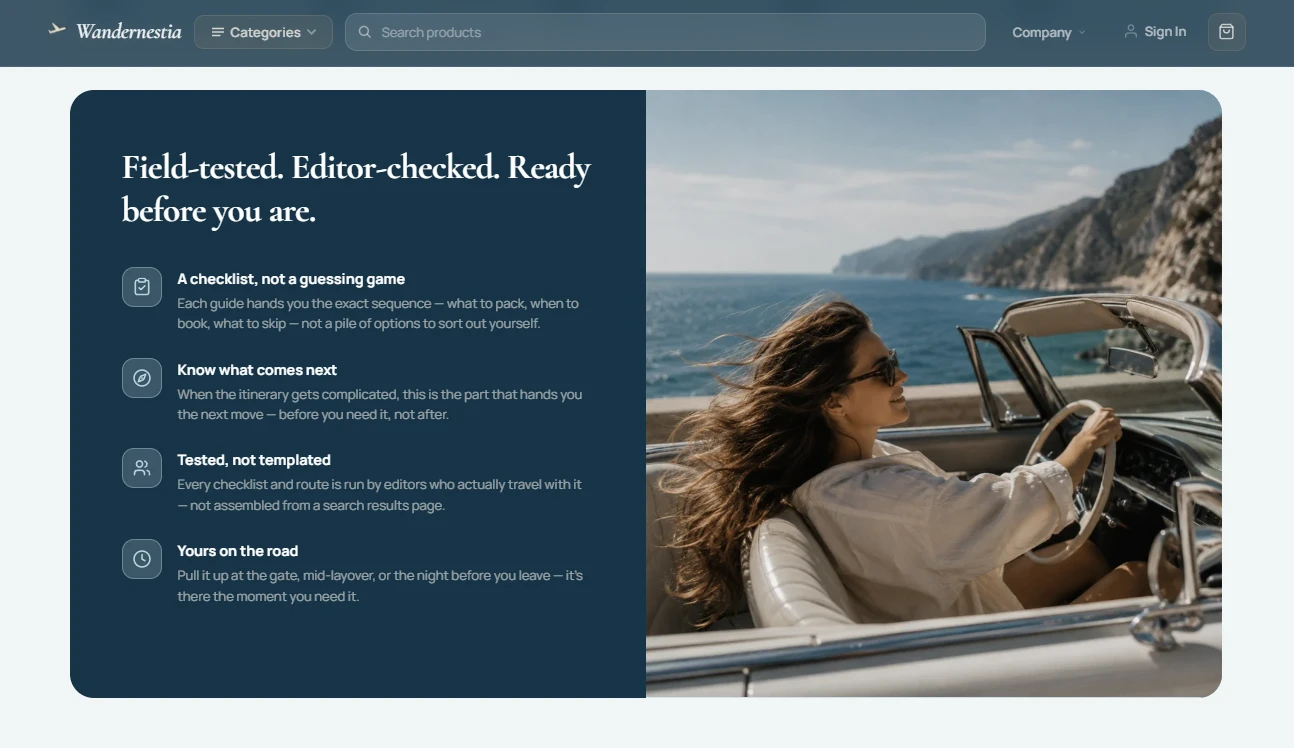 Credibility block — trust pillars for travel storefront