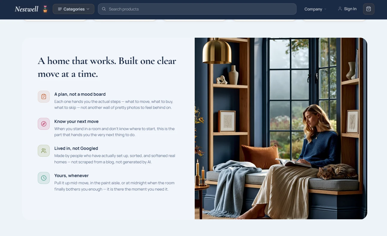 Credibility block — trust pillars for home design storefront