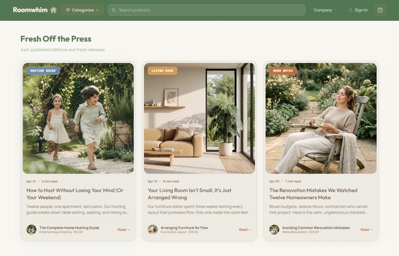 Editorial content rail — home hosting and living essays