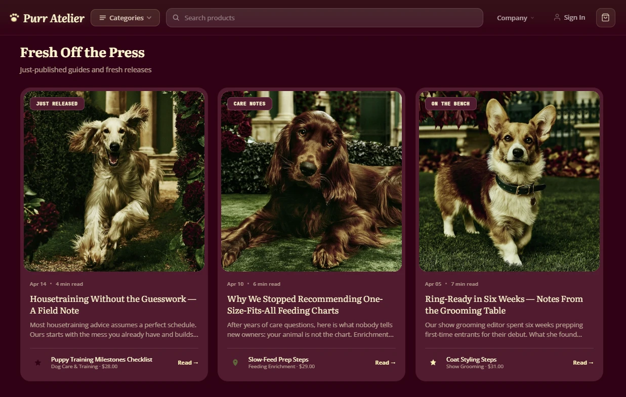Editorial content rail — pet care essays and training notes