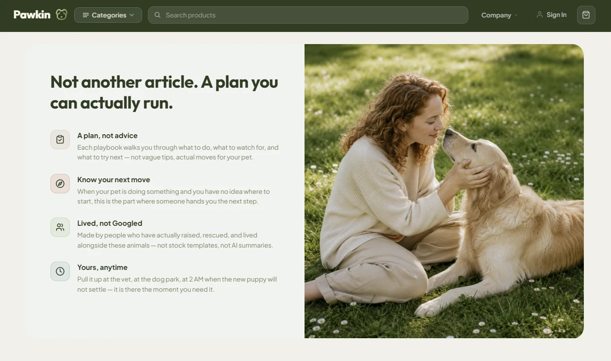 Trust pillars — pet behavior storefront credibility block