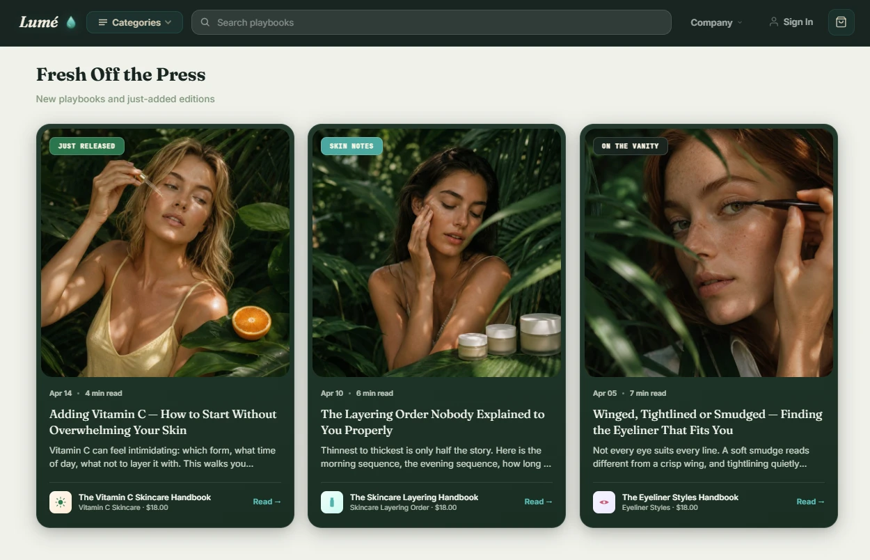 Editorial rail — skincare handbooks and layering guides