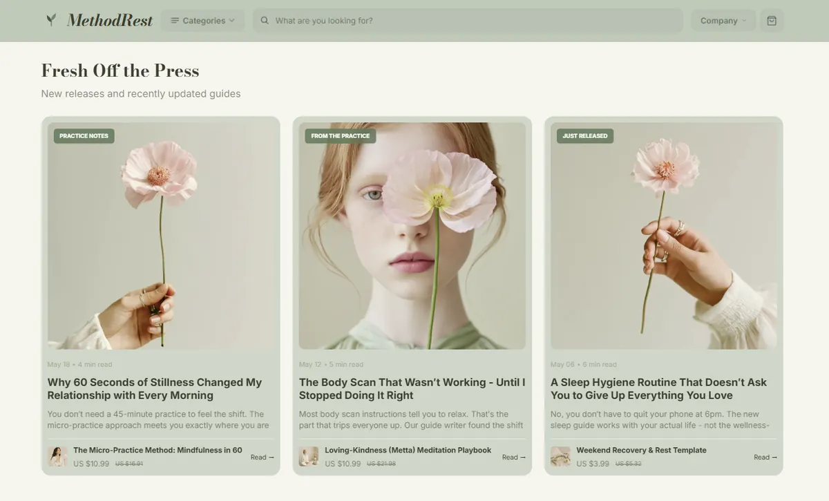 Blog articles section of the MethodRest wellness store design