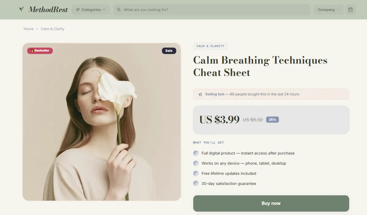 Product page of the MethodRest wellness store design