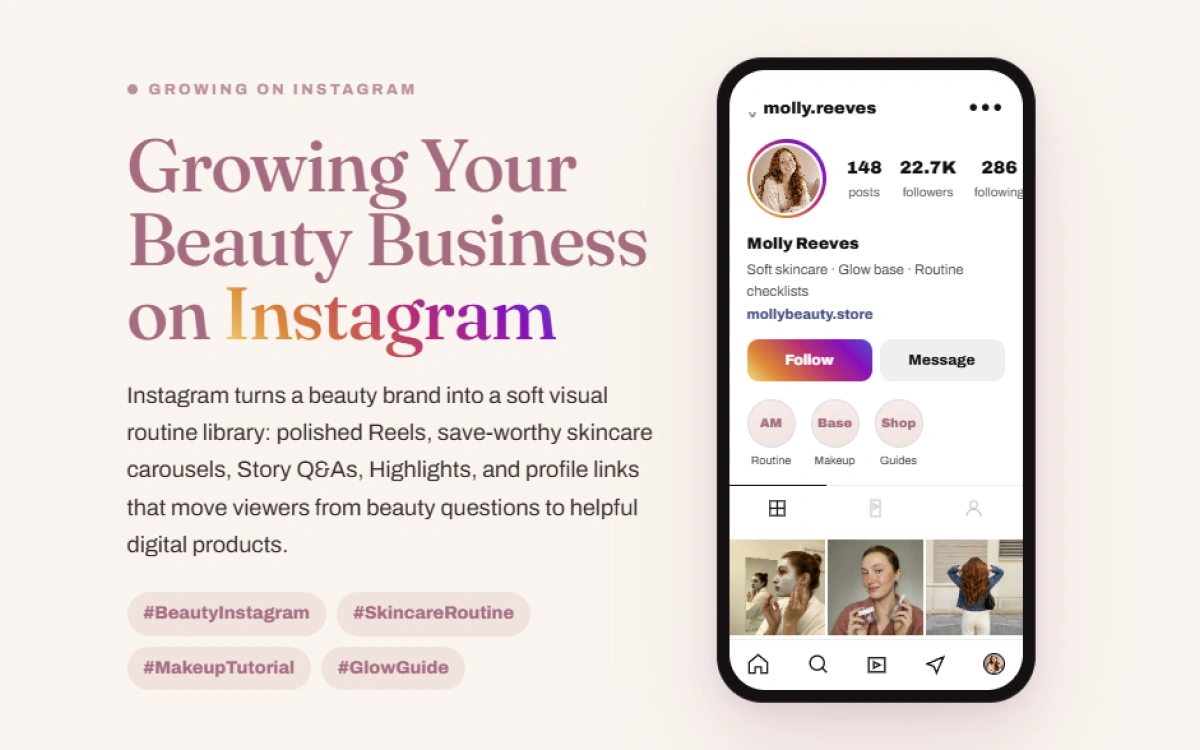 Opening screen of the beauty Instagram growth guide with a profile preview