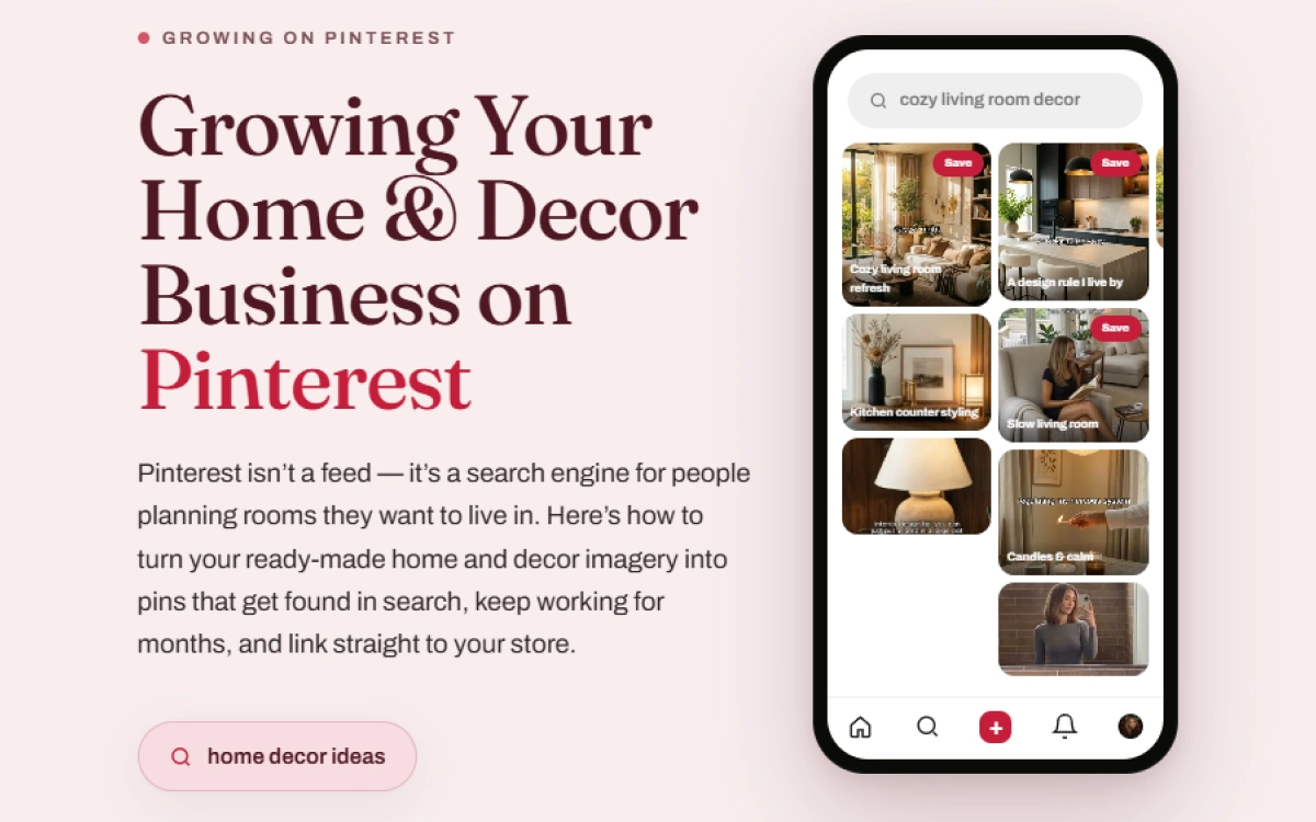 Opening screen of the home and decor Pinterest guide