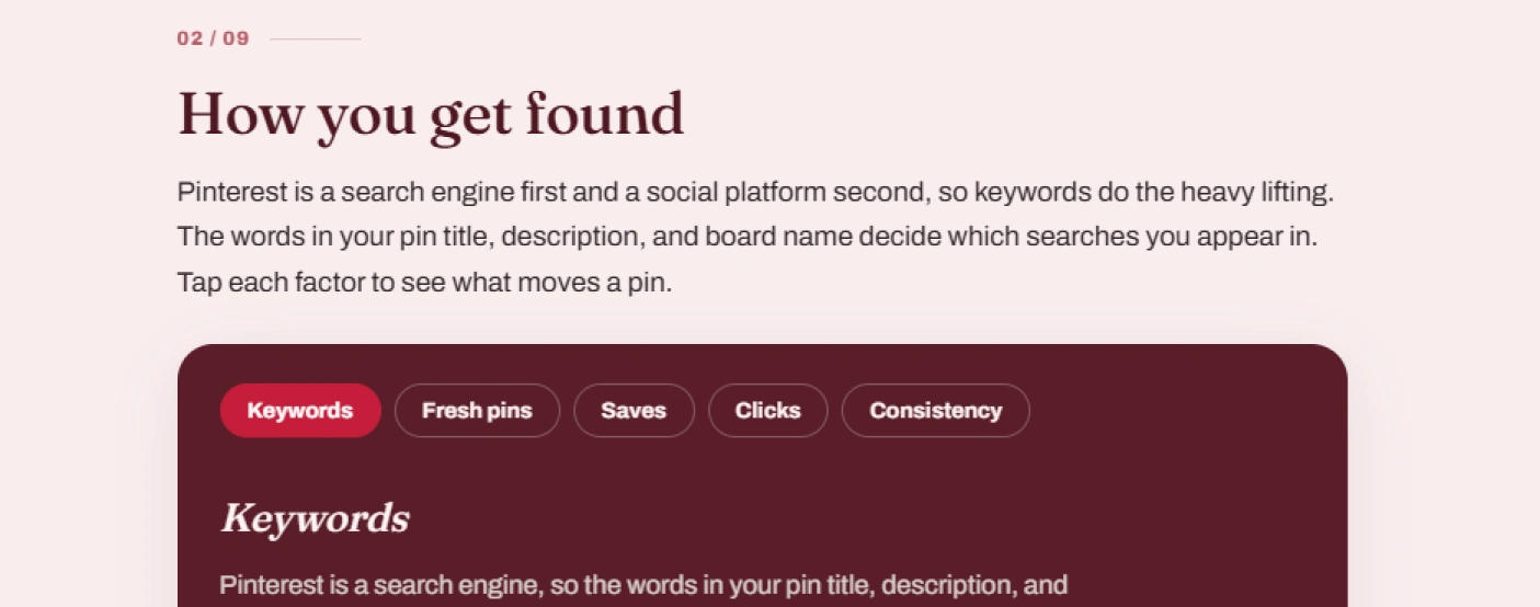 The section explaining the five factors that decide whether a pin is found