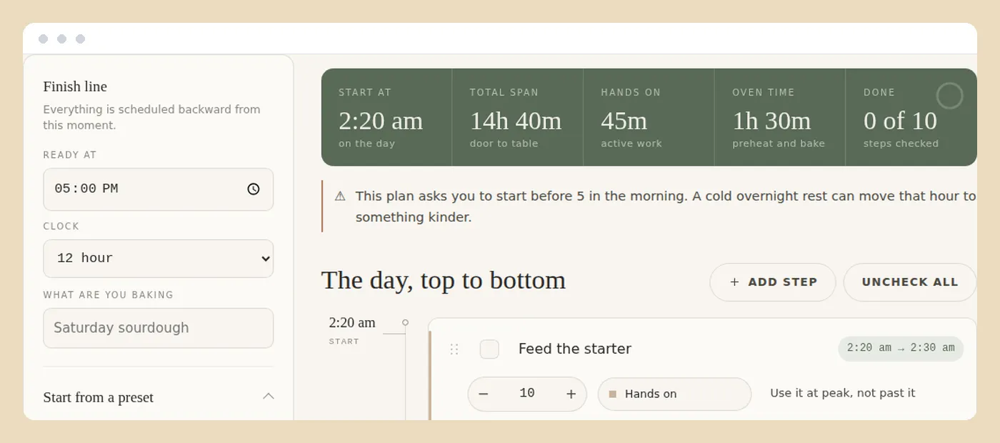 A bake day timeline with steps scheduled backward from a set ready time