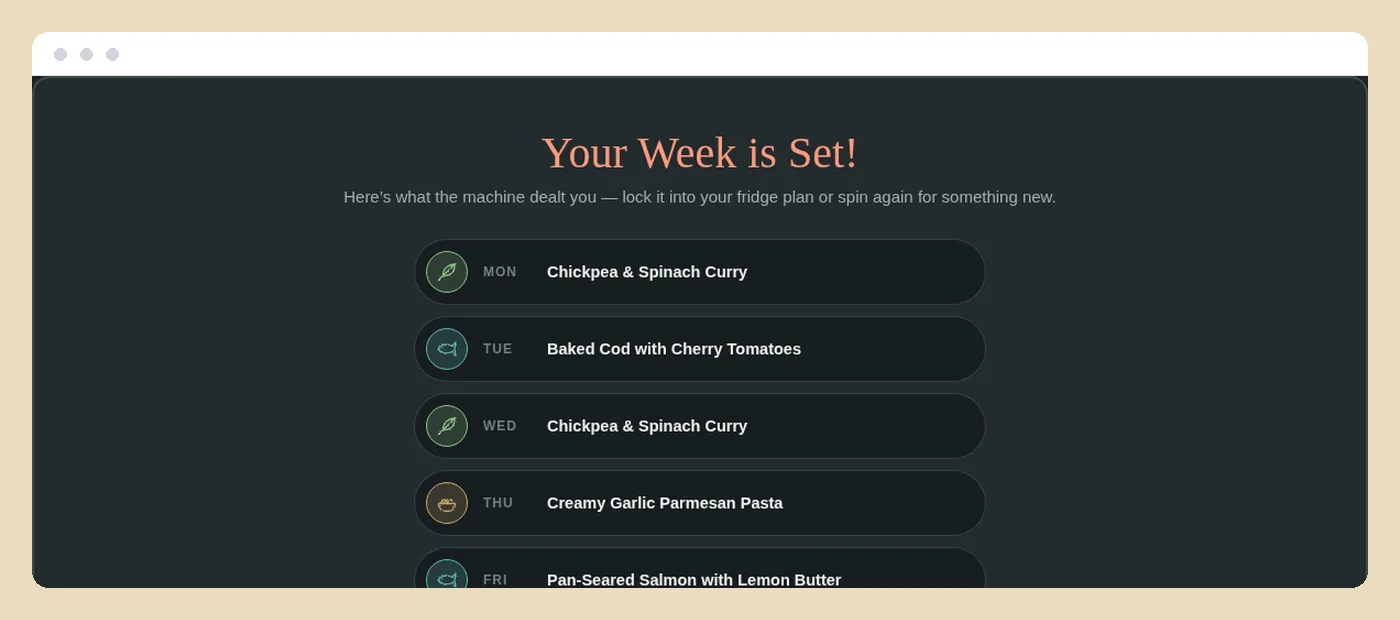 A finished seven-night dinner picker results screen with a ticket list and match stats