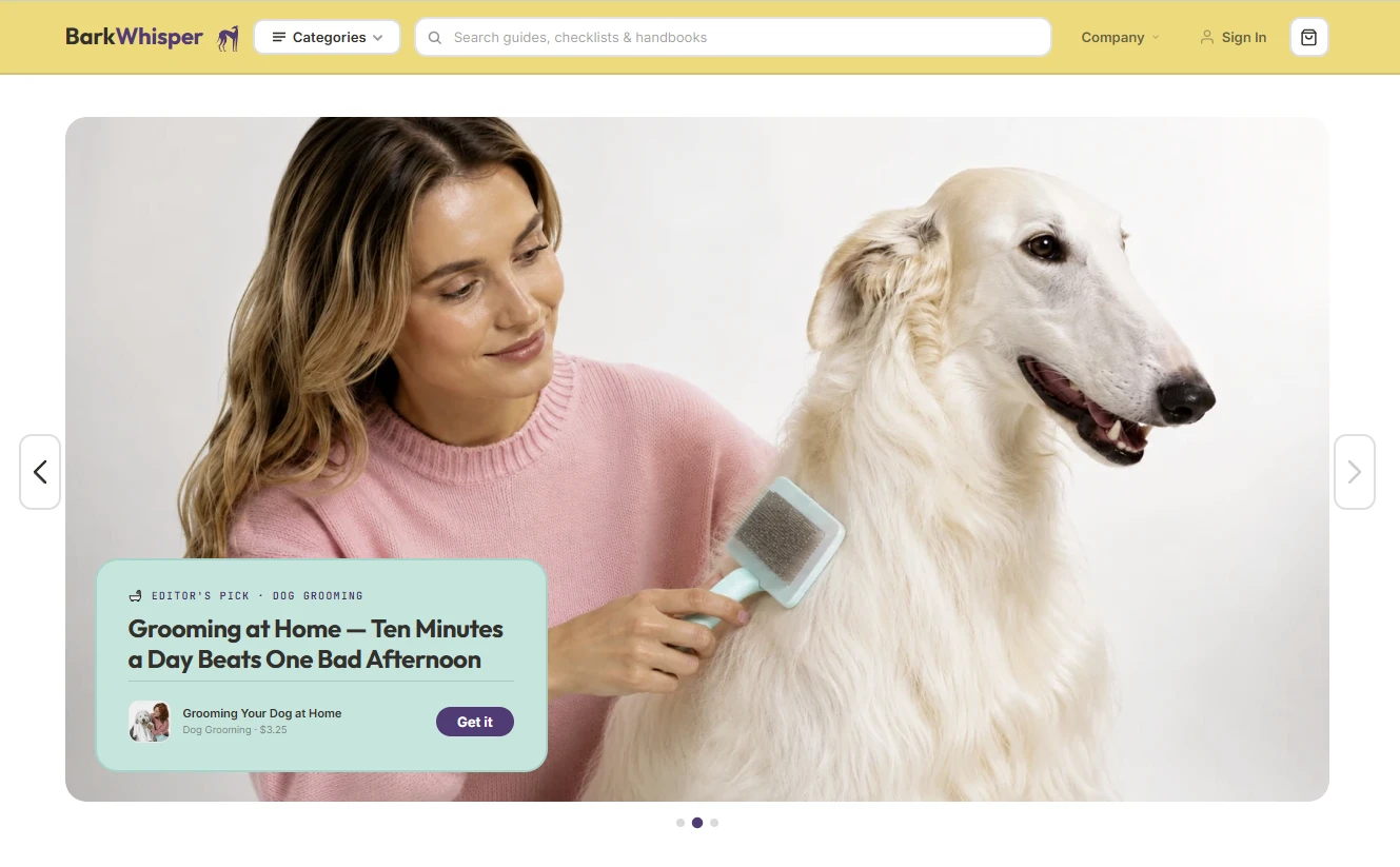 Homepage of the pet parenting store design