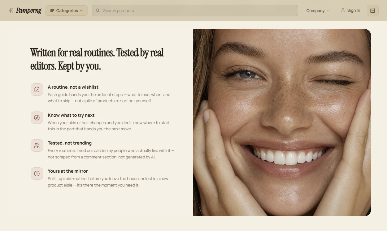 Trust pillars section of the glow and beauty rituals store design