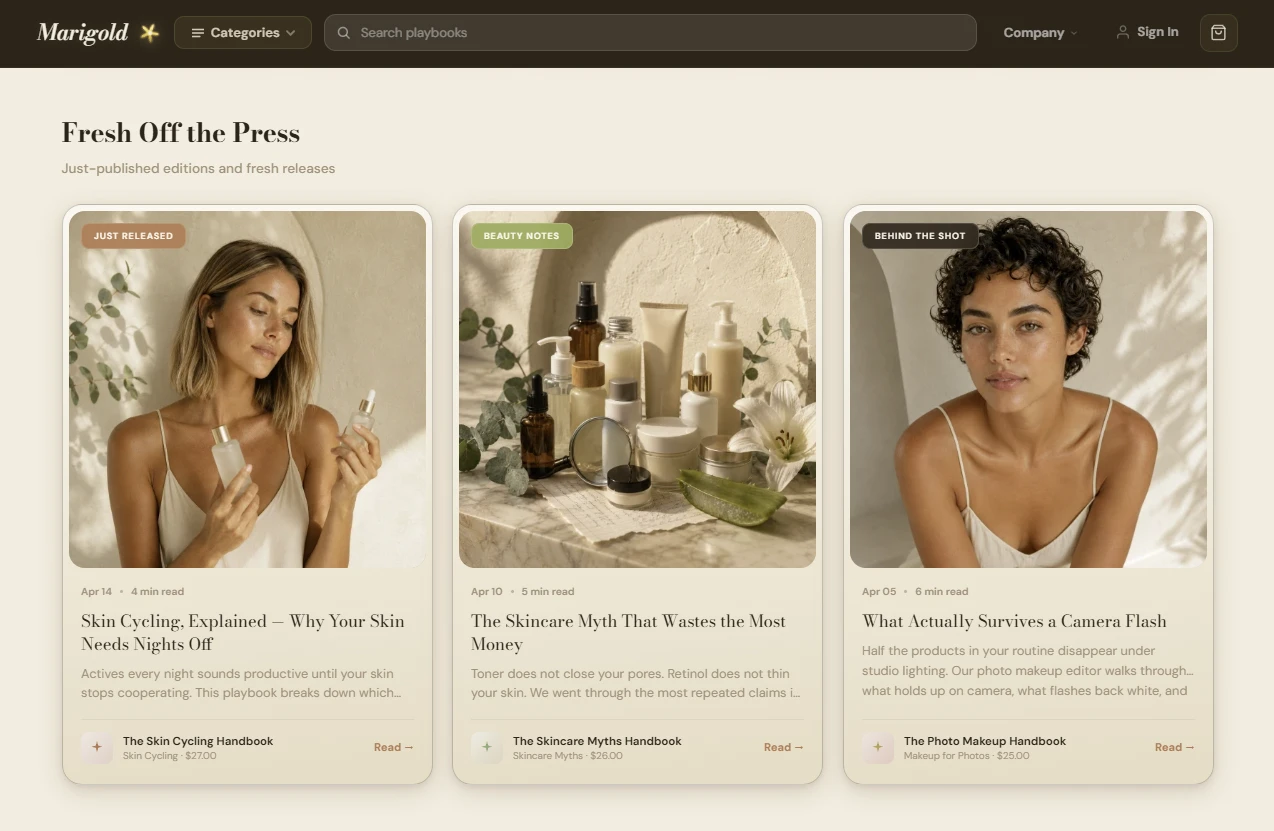 Editorial content section of the skincare and self-care store design