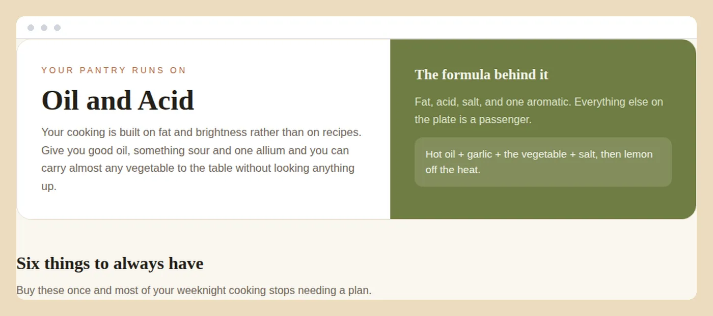 A pantry flavor profile result showing the matched style, six staples and three no-shop recipes