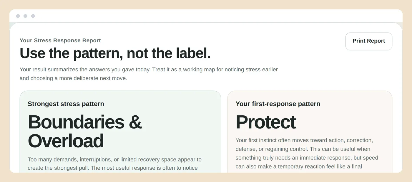 A completed stress response report showing the primary trigger pattern and first-response style