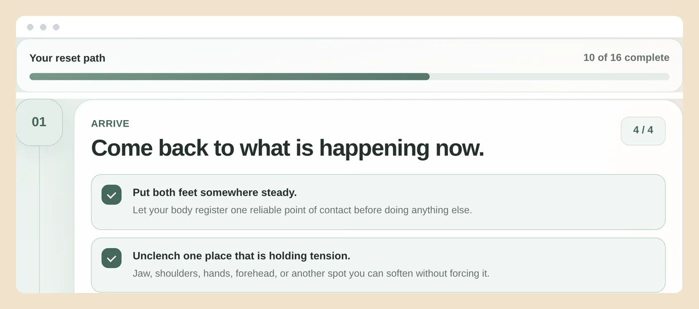 The reset routine checklist showing one stage complete and the progress bar filling