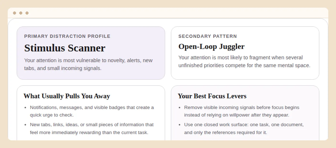 A completed distraction profile naming the primary pattern and what triggers it first