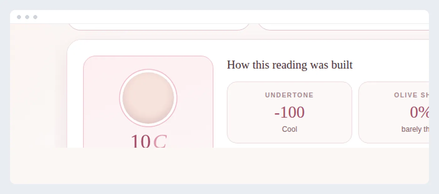 An undertone and shade matcher result showing the matched shade, depth and finish