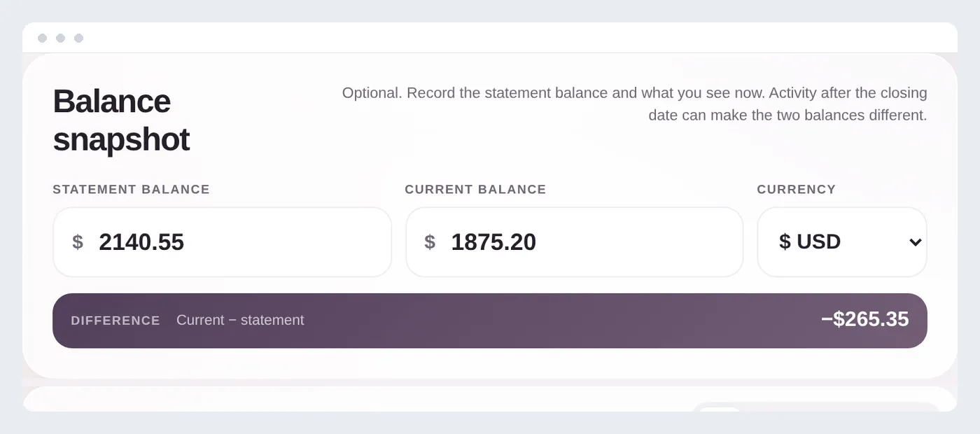 The Statement and Balance Review showing a filled statement-to-current balance gap and verified, attention, and N/A review states across two sections