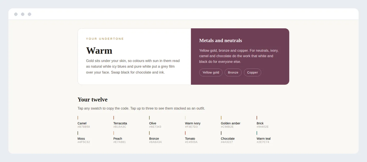 An undertone test result showing the palette and a stacked outfit preview