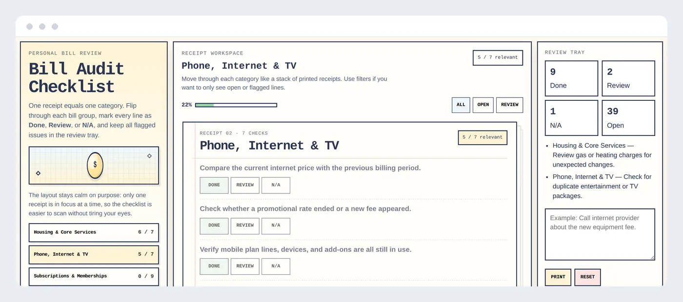 The Bill Audit Checklist showing the Phone, Internet and TV receipt with items marked Done and Review, plus a review tray listing flagged bills