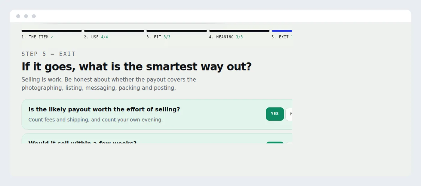 A keep-or-sell checklist showing a live verdict with the reasoning behind it