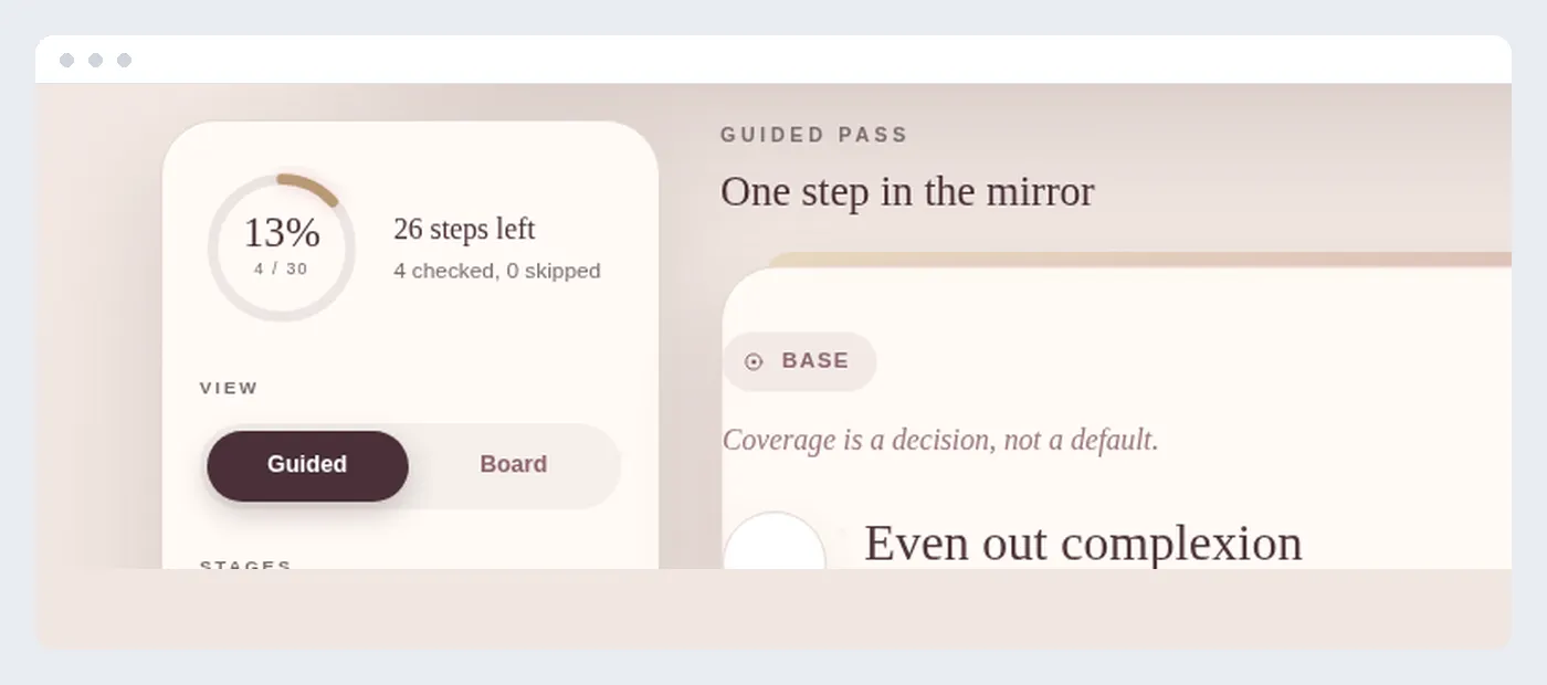 An everyday makeup checklist showing the guided pass with a step completed and the ring progress